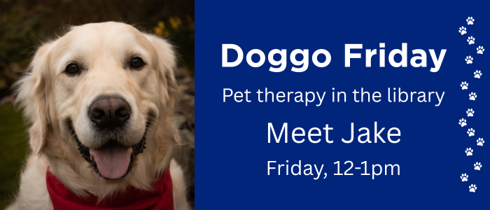 Doggo Friday: pet therapy in the library. Meet Jake Friday 12-1pm