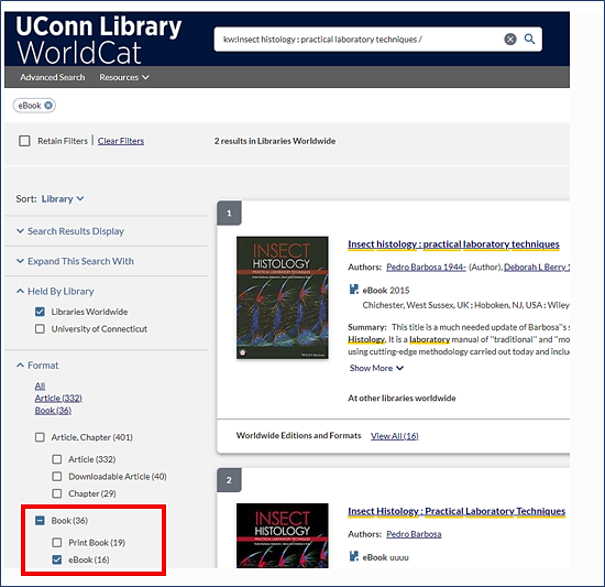 WorldCat screenshot with the ebook option selected