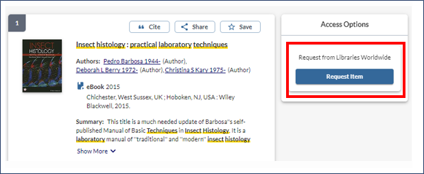 WorldCat screenshot with the Requeset Item button highlighted