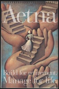 image from the cover of an Aetna Corporation marketing item with hands holding staircases and a woman in a skirt walking up them