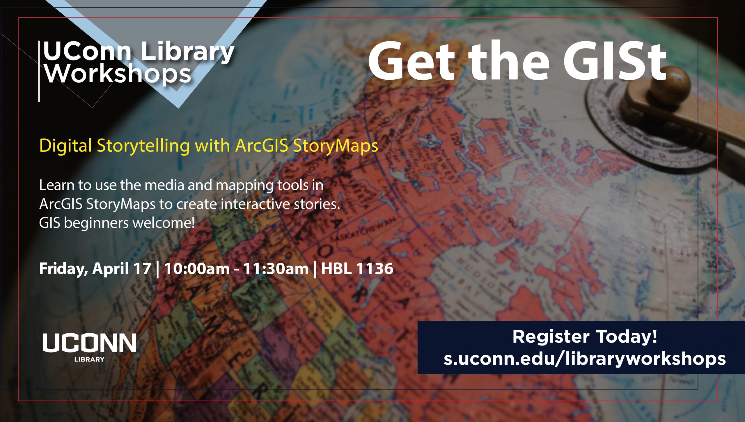 UConn Library Workshops: Digital Storytelling with ArcGIS StoryMaps. Learn to use the media and mapping tools in ArcGIS StoryMaps to create interactive stories. GIS beginners welcome! In-person on Friday, April 17 from 10am - 11:30am in HBL 1136