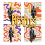 psychedelic swirls with iron statues of Beatles musicians inside a window fram with the text Vintage Beatles Guitar