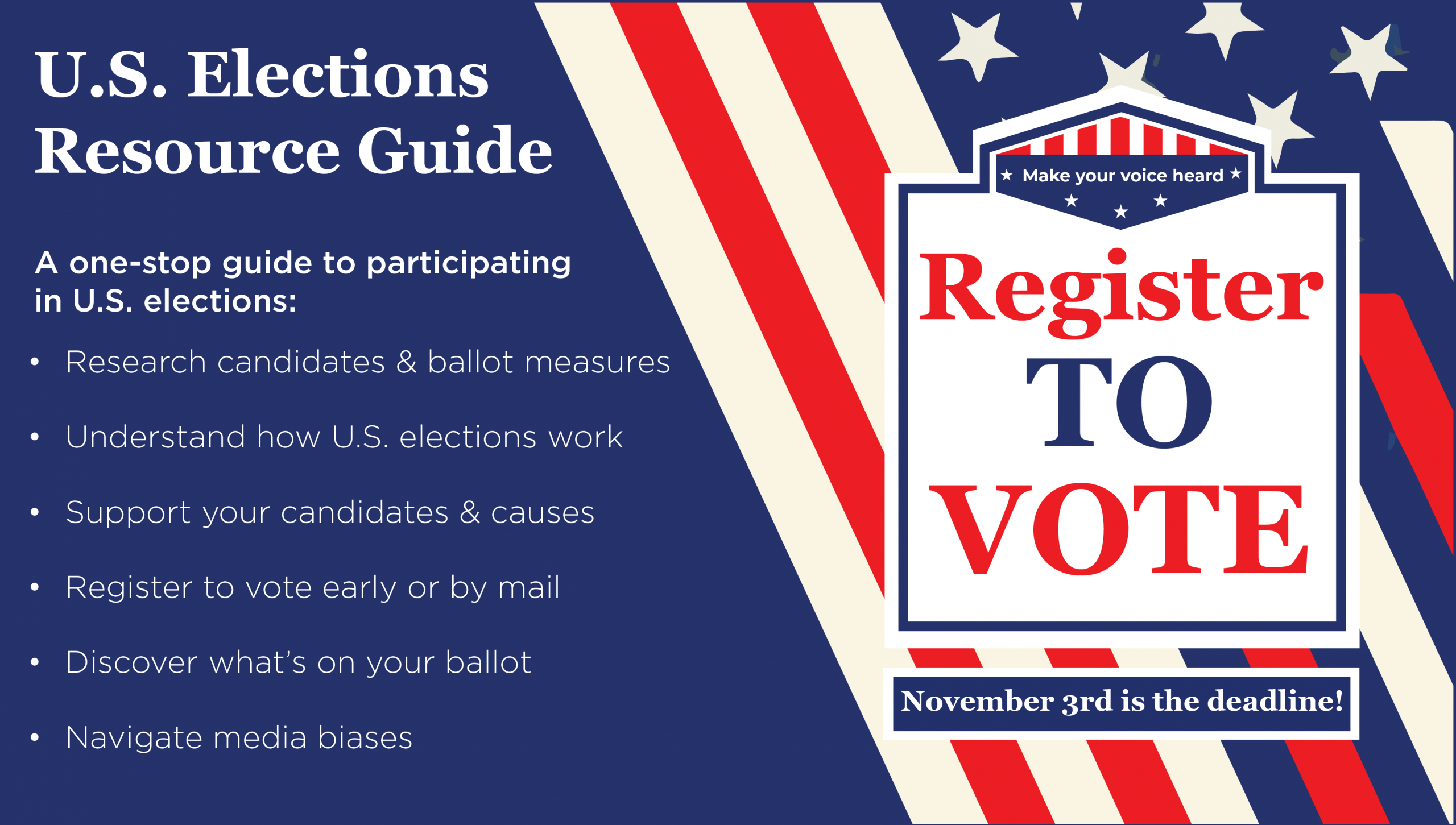 U.S. Elections Resources Guide Learn how to register to vote, discover what's on your ballot and more. Click to visit our guide.